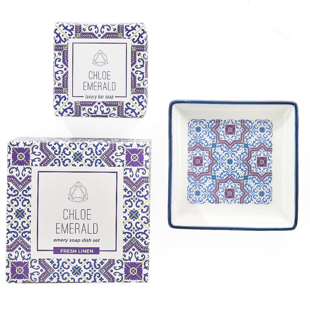 Chloe Emerald Emery Soap Dish Set Fresh Linen Scent